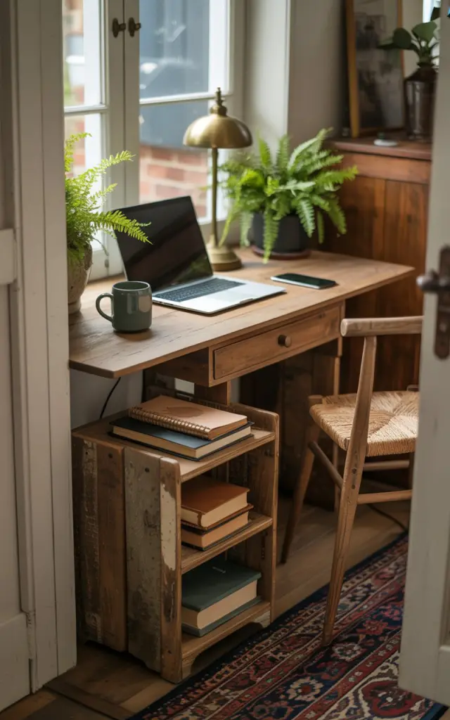 A photograph of a cozy English countryside-inspired home office nestled within a charming entryway. A rustic wooden desk, featuring a silver laptop, a dark teal ceramic mug, and a brass desk lamp, occupies the center of the frame, angled slightly toward the viewer. Beside the desk, a small, weathered wooden bookshelf overflowing with leather-bound books and linen notebooks sits at the foot of the desk, while a patterned Persian rug and two potted ferns add warmth and texture to the space, bathed in the soft glow of natural light filtering through a nearby window. The scene evokes a sense of tranquility and focused creativity, with subtle details hinting at a life lived amidst the beauty of the English countryside.