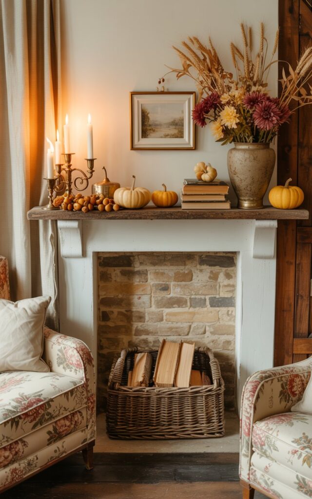 A photograph of a charming English countryside living room with a beautifully decorated mantelpiece as the focal point, featuring flickering candles in antique brass and clear glass holders, scattered golden acorns, and small pumpkins in soft cream and muted amber tones. The mantel display is completed with a weathered stack of leather-bound books, a ceramic vase filled with dried wheat stalks and burgundy chrysanthemums, and a small framed watercolor landscape painting. Below, the fireplace showcases a rustic limestone surround with whitewashed mortar, while a woven wicker basket brimming with split oak logs rests on the hearth. The room glows with warm, golden light filtering through ivory linen curtains, illuminating floral chintz upholstery on a well-worn armchair, dark oak beams, and time-softened wooden furniture that creates an inviting, timeless autumnal atmosphere.