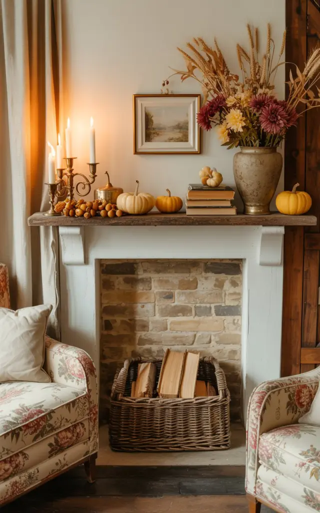 A photograph of a charming English countryside living room with a beautifully decorated mantelpiece as the focal point, featuring flickering candles in antique brass and clear glass holders, scattered golden acorns, and small pumpkins in soft cream and muted amber tones. The mantel display is completed with a weathered stack of leather-bound books, a ceramic vase filled with dried wheat stalks and burgundy chrysanthemums, and a small framed watercolor landscape painting. Below, the fireplace showcases a rustic limestone surround with whitewashed mortar, while a woven wicker basket brimming with split oak logs rests on the hearth. The room glows with warm, golden light filtering through ivory linen curtains, illuminating floral chintz upholstery on a well-worn armchair, dark oak beams, and time-softened wooden furniture that creates an inviting, timeless autumnal atmosphere.