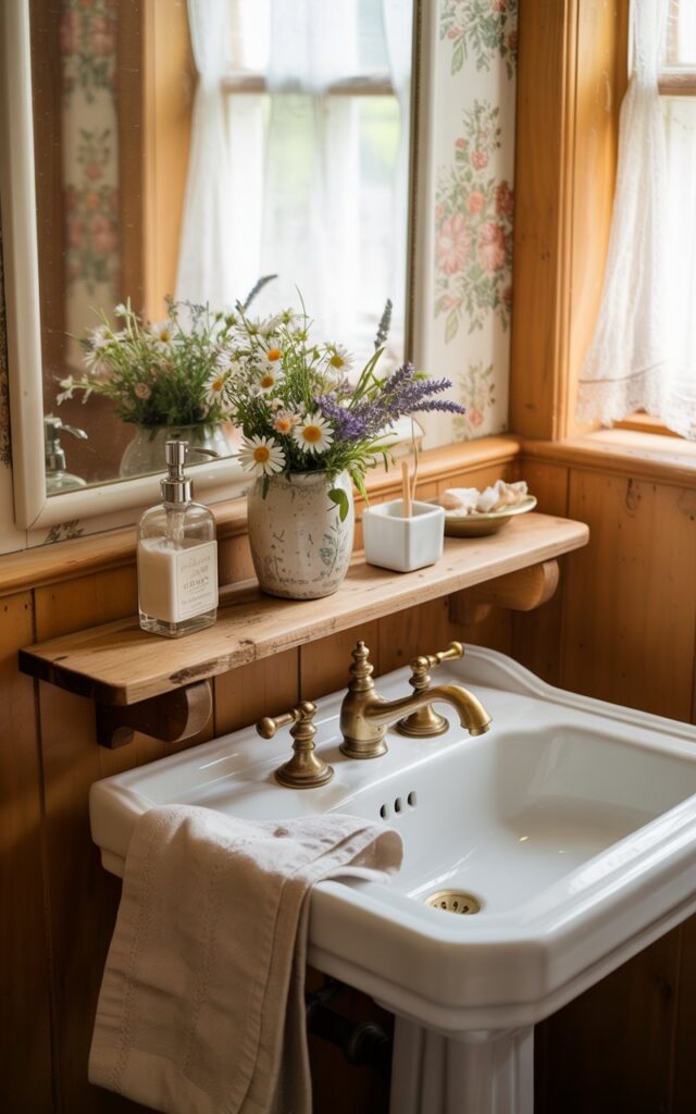 A photograph of a charming English countryside bathroom featuring a small reclaimed wooden ledge mounted above a classic white porcelain pedestal sink. The ledge holds carefully arranged everyday essentials: a clear glass soap dispenser, a delicate ceramic vase filled with fresh wildflowers like daisies and lavender, a white ceramic toothbrush holder, and a neatly folded cream linen hand towel. The walls are adorned with vintage floral wallpaper in soft pastel tones, complemented by warm brass fixtures including an elegant faucet and towel bar. Gentle daylight streams through a lace-curtained window, casting soft shadows that highlight the warm honey tones of the wood and the delicate textures throughout this cozy, timeless space.