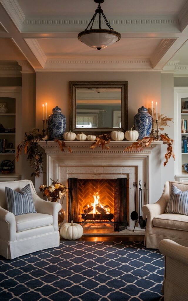 A photo of an English countryside-style living room with a warm, inviting ambiance and classic fall charm. In front of the fireplace, a navy plush patterned throw rug anchors the space, adding depth and coziness. The mantel above is decorated with elegant fall decor — white pumpkins, blue ceramic vases, candles, and touches of dried foliage. The room features timeless furniture in neutral tones, a detailed ceiling with a pendant light, and soft lighting that reflects off the polished surfaces. A crackling fire adds a golden glow, highlighting the rich textures and the sophisticated blue-and-white accents that make the room feel both lived-in and luxurious.