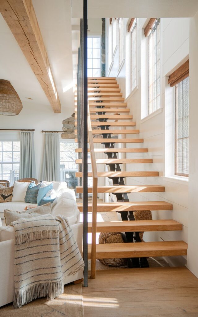 A photo of a living room with a staircase with open risers. The staircase is made of natural oak wood and has slim black metal supports. Sunlight filters through the stairs, creating an airy, light-filled feel. The living room has a mix of alpine and coastal styles. There are soft wool throws, wooden beams, and stone accents. There are also white walls, woven décor, and ocean-inspired hues. The room has curtained windows.