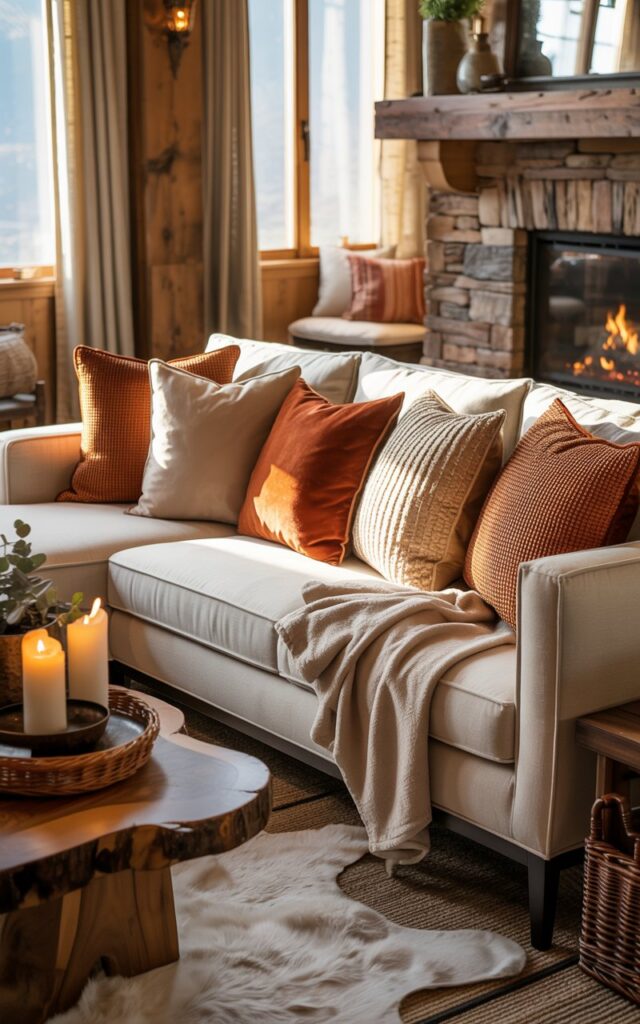 A photograph of an elegant alpine living room showcasing a plush cream-colored sectional sofa adorned with carefully arranged textured pillows in rich rust, warm beige, and soft taupe tones. The pillows feature a luxurious mix of linen, velvet, and chunky knit materials, while a cashmere throw blanket is casually draped over the sofa's arm, creating inviting layers of texture and warmth. The surrounding space features reclaimed wood beam accents, a natural stone fireplace with flickering flames, and floor-to-ceiling windows dressed in linen curtains that filter crisp mountain sunlight into golden rays. A sheepskin rug lies beneath a live-edge coffee table, accompanied by woven baskets, pillar candles in varying heights, and subtle greenery, all combining to create an atmosphere of rustic sophistication and cozy mountain luxury.