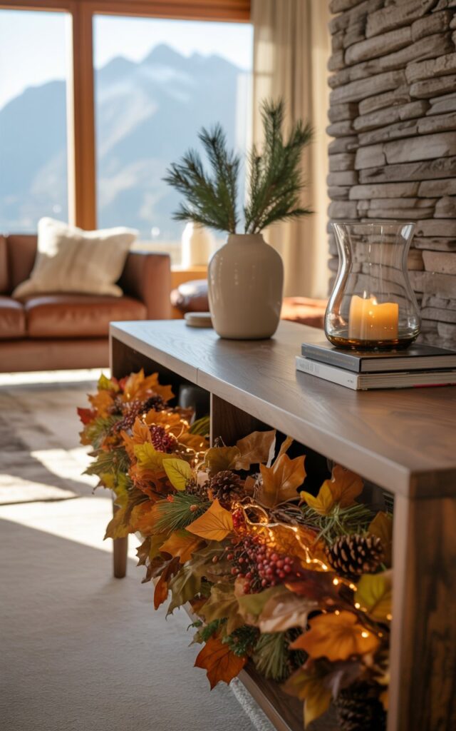 A photograph of an alpine chic living room showcasing a sleek walnut console table against a textured stone accent wall. The table is crowned with a lush garland of autumn leaves in rich amber, rust, and burnished gold tones, naturally draped and adorned with small pinecones, crimson berries, and delicate fairy lights casting a warm amber glow. Atop the console, a cream ceramic vase holds fresh evergreen branches, alongside a stack of leather-bound books and a flickering candle in a clear glass hurricane holder. The surrounding space features natural materials including charcoal stone walls, cognac leather furniture, and chunky wool throws, while large windows draped in linen curtains frame distant snow-capped peaks, all bathed in soft morning sunlight streaming through the mountain air.