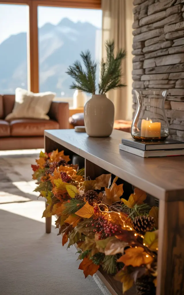 A photograph of an alpine chic living room showcasing a sleek walnut console table against a textured stone accent wall. The table is crowned with a lush garland of autumn leaves in rich amber, rust, and burnished gold tones, naturally draped and adorned with small pinecones, crimson berries, and delicate fairy lights casting a warm amber glow. Atop the console, a cream ceramic vase holds fresh evergreen branches, alongside a stack of leather-bound books and a flickering candle in a clear glass hurricane holder. The surrounding space features natural materials including charcoal stone walls, cognac leather furniture, and chunky wool throws, while large windows draped in linen curtains frame distant snow-capped peaks, all bathed in soft morning sunlight streaming through the mountain air.