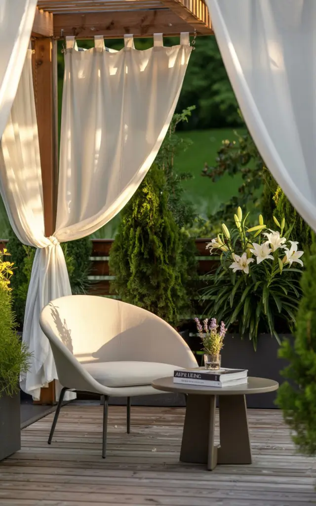 A photograph of an alpine chic patio bathed in the warm glow of the afternoon sun. A sleek, modern lounge chair upholstered in a soft cream fabric is positioned beneath a wooden pergola draped with flowing white sheer curtains that ripple gently in the breeze. A small, round coffee table crafted from dark wood sits beside the chair, adorned with a single sprig of lavender and a stack of design magazines showcasing "Alpine Living". Lush potted evergreens and subtle arrangements of white lilies frame the patio, creating a serene and inviting ambiance.