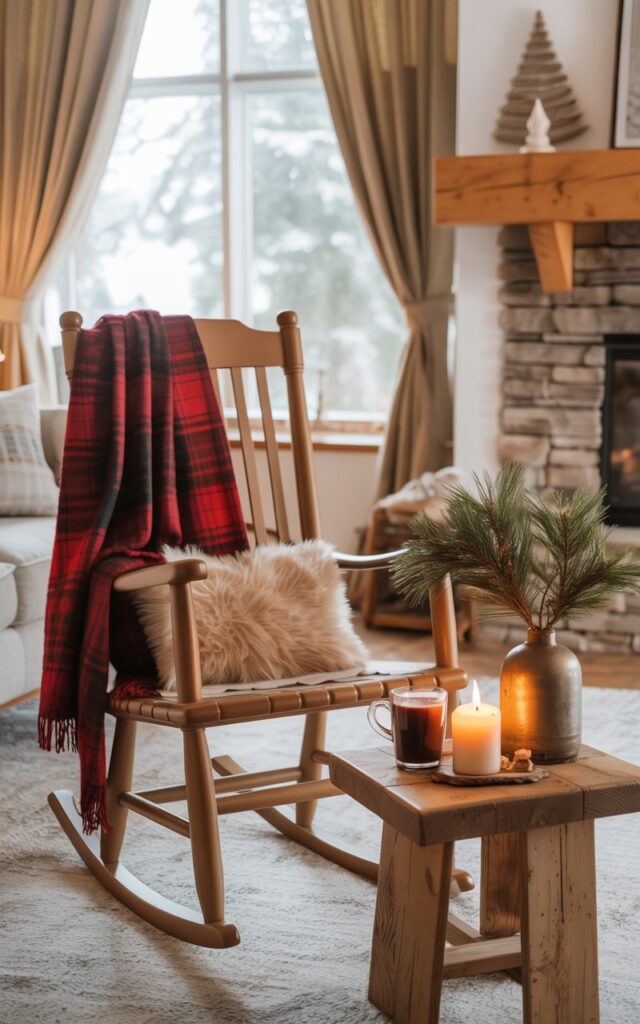 A photograph of an alpine chic living room bathed in soft, natural light streaming through a large bay window framed by flowing beige curtains. A classic wooden rocking chair takes center stage, beautifully styled with a casually draped deep red plaid scarf, a chunky cream knit throw, and a small faux fur cushion in warm ivory tones. Beside the chair, a rustic reclaimed wood side table displays a steaming mug of hot cocoa, a flickering vanilla candle in a glass holder, and a charming arrangement of fresh pine sprigs in a matte ceramic vase. The background reveals a cozy stone fireplace with exposed honey-colored wooden beams overhead, while the bay window offers glimpses of snow-dusted evergreen trees, completing this serene mountain lodge atmosphere with neutral furnishings and rich, textural accents throughout.