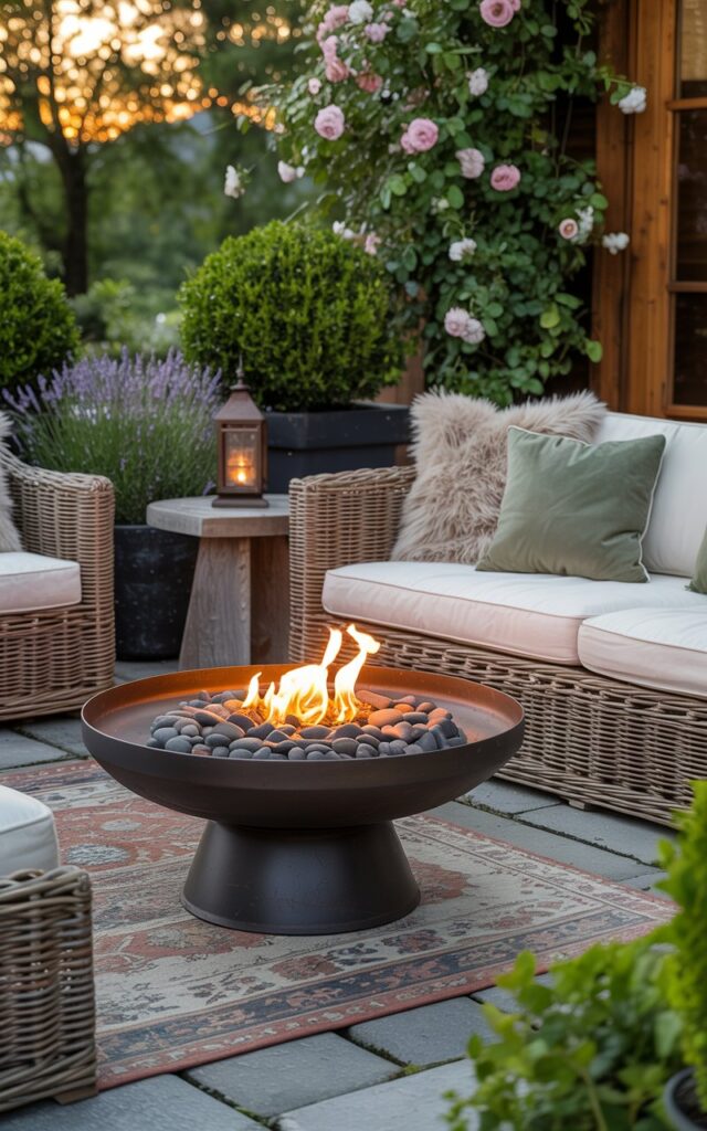 A photograph of a sleek black metal fire bowl situated on a charming alpine chic-cottagecore patio. The fire bowl has clean modern lines and is emitting a warm orange glow, surrounded by scattered smooth river stones. Soft, plush cushions in cream and muted green adorn a woven wicker sectional, while a patterned area rug grounds the space, and a small wooden side table holds a vintage lantern. Potted lavender, boxwood shrubs, and climbing roses frame the patio, bathed in the soft golden light of dusk.
