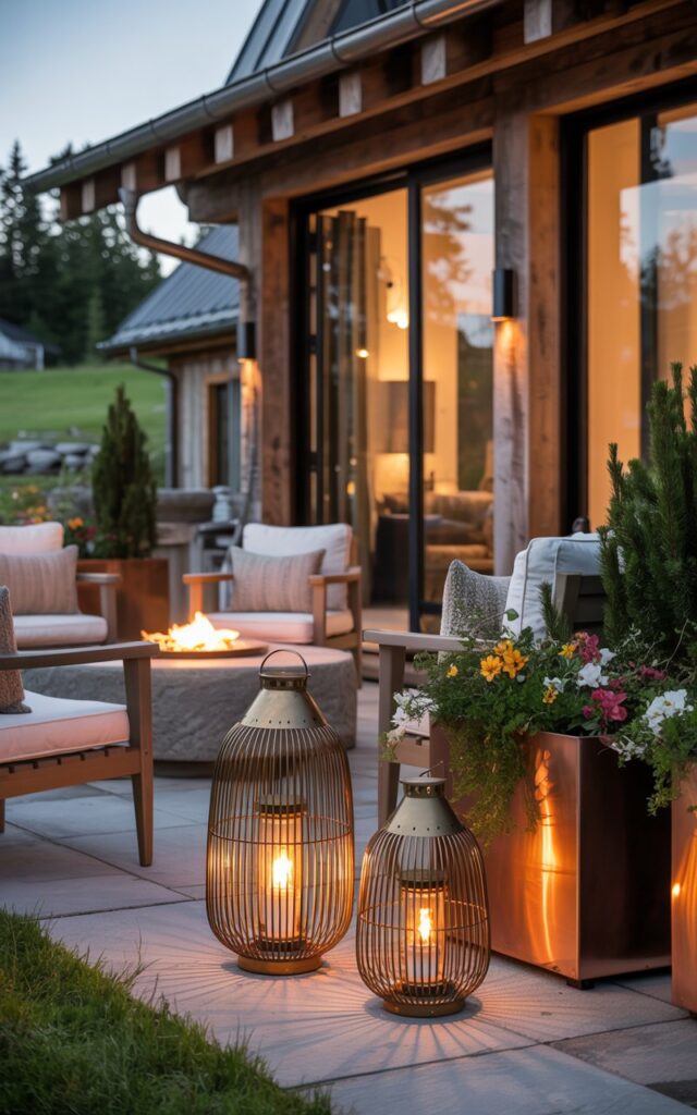 A photograph of an elegant modern farmhouse patio bathed in the warm glow of dusk. Three brass lanterns cast a soft light, illuminating a lounge area furnished with cozy wooden chairs and neutral-toned cushions accented with textured throws around a stone fire pit. Copper planters overflow with vibrant alpine flowers and evergreens, strategically placed near the seating area, while the patio seamlessly connects to a home with exposed beams and natural stone flooring. The scene exudes a sense of alpine chic and rustic charm, creating a warm and inviting atmosphere perfect for a quiet evening.