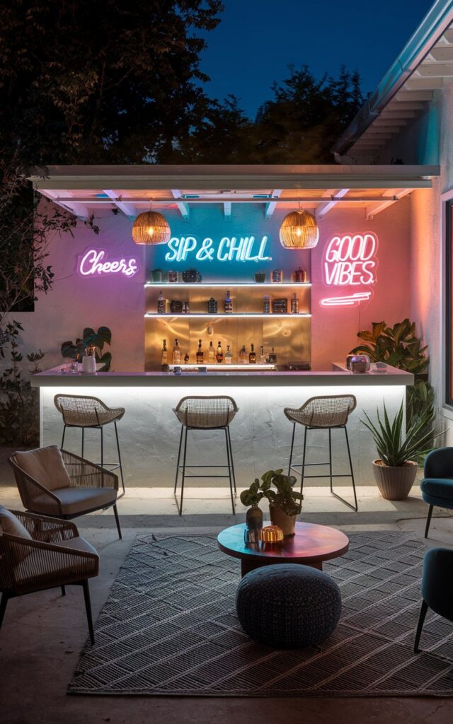 A night photo of a backyard patio with a sleek outdoor bar, neon signs, and a mix of contemporary and vintage seating. The bar has modern finishes and ambient lighting. The neon signs above the bar glow with short, playful phrases like "Cheers," "Sip & Chill," and "Good Vibes." The patio is furnished with patterned rugs and potted plants. Soft accent lighting highlights textures and architectural details.