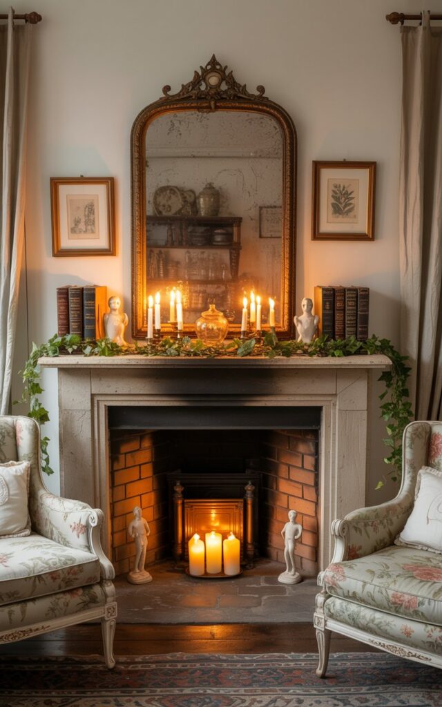 A photograph of an elegant English countryside living room centered around a beautifully decorated stone fireplace mantel. An ornate vintage mirror with an aged bronze frame sits prominently on the mantel, reflecting the warm golden glow of flickering candles arranged in brass and cut-glass holders below. The mantel is adorned with a delicate garland of ivy, small framed botanical prints, leather-bound antique books, and cream-colored porcelain figurines that catch the candlelight. The room features classic countryside charm with floral chintz armchairs in soft sage and cream tones, flowing linen curtains, and worn Persian rugs, all bathed in the romantic amber glow that dances across the whitewashed wood fireplace surround and creates intimate shadows throughout the space.