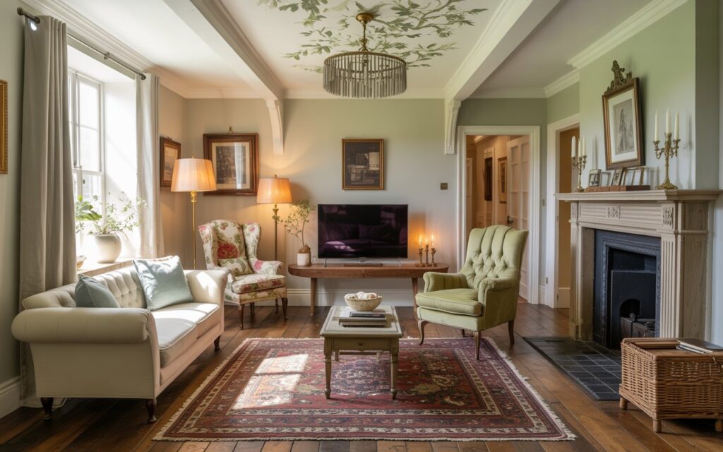 A beautifully styled open-plan living room that masterfully blends English countryside charm with rustic warmth and glamorous sophistication. The space features a plush cream sofa paired with tufted armchairs in soft sage green, arranged around a traditional stone fireplace with an ornate wooden mantel adorned with brass candlesticks and vintage books. A cozy reading nook occupies one corner with a wingback chair in floral chintz fabric beside a brass floor lamp, while the entertainment area showcases a sleek console table beneath a wall-mounted television. The ceiling draws attention with delicate botanical wallpaper and a statement crystal pendant light, while natural sunlight streams through linen curtains, casting warm golden rays across the layered Persian rugs and polished hardwood floors that anchor this refined yet inviting sanctuary.