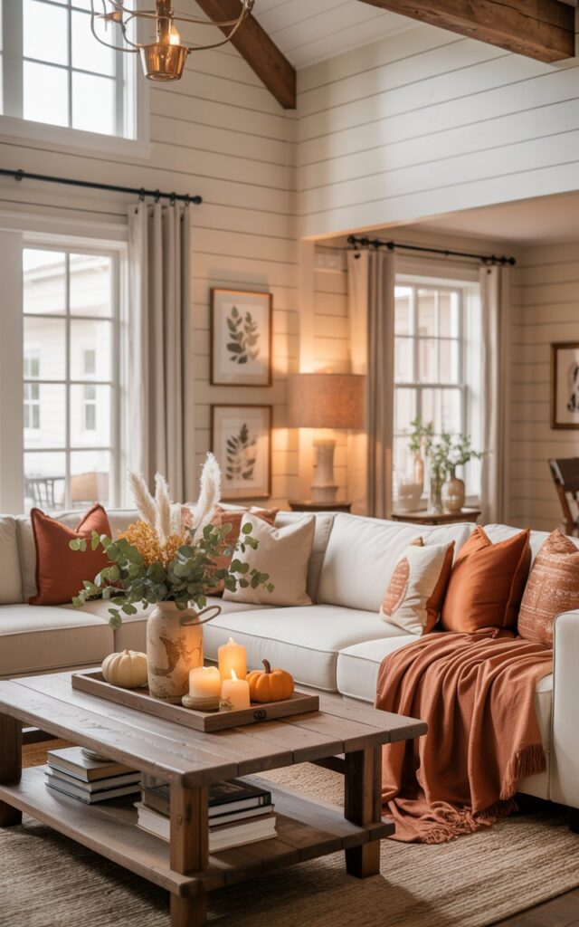 A spacious open-plan living room showcasing modern southern traditional and farmhouse design, beautifully decorated for autumn with a sophisticated palette of muted terracotta and creamy white tones. The focal point is a plush cream sectional sofa adorned with terracotta and beige throw pillows, positioned on a soft woven jute rug, while a rustic wooden coffee table displays a ceramic vase filled with dried eucalyptus and pampas grass alongside leather-bound books. Shiplap walls rise to vaulted ceilings with exposed natural wood beams, complemented by tailored linen drapes, brass pendant lighting, and carefully curated framed botanical prints that blend farmhouse charm with southern elegance. Warm golden sunlight streams through tall windows, casting a gentle glow over seasonal details including flickering pillar candles, small ceramic pumpkins, and richly textured throw blankets, creating an inviting and timelessly sophisticated autumn atmosphere.