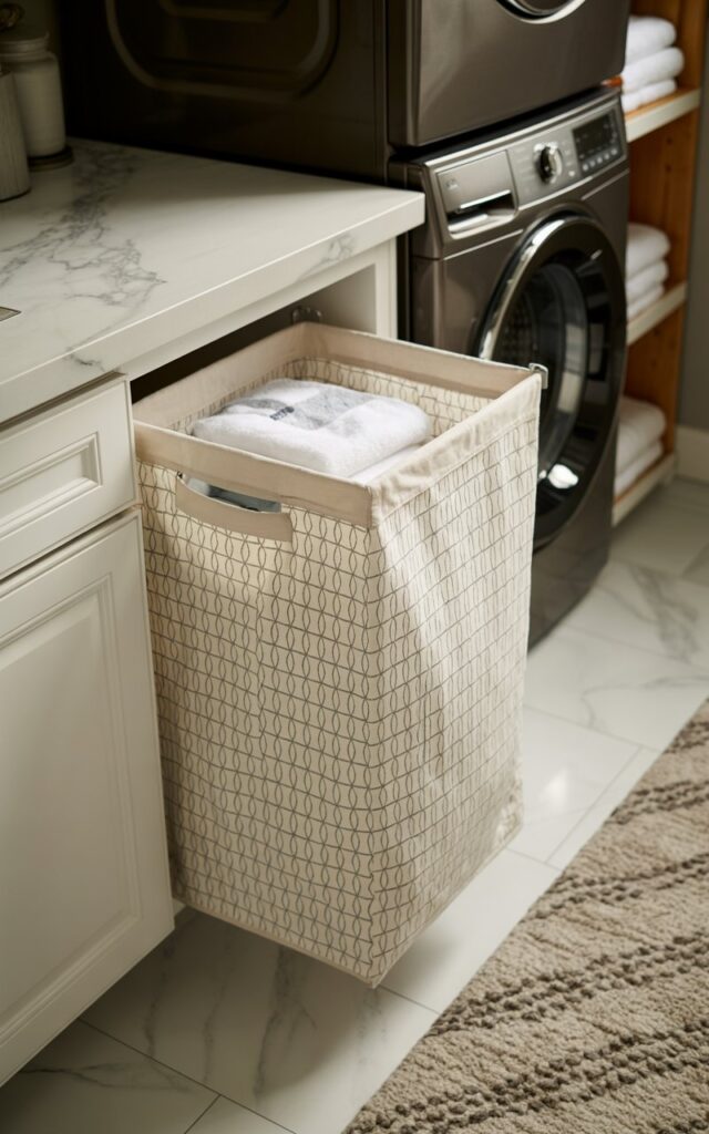 A photograph of a stylish cotton pull-out hamper neatly tucked under a pristine marble countertop. The hamper showcases a subtle geometric pattern in soft gray tones, contrasting beautifully with the polished white marble surface. To the side, a black stacked washer and dryer and open shelves holding neatly folded towels add a touch of modern functionality to the space. A plush, textured rug in neutral tones lies on the tiled floor, softening the overall aesthetic of the laundry area.