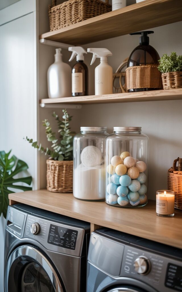 Stack a few items on the open shelf: 2-3 Clear Jars of Detergent Pods and Powders, spray bottles, detergent liquids, a small plant, a candle. The shelf is present above the washer and dryer inside a chic + rustic style laundry room with other essentials. Natural light is soft, ambient.