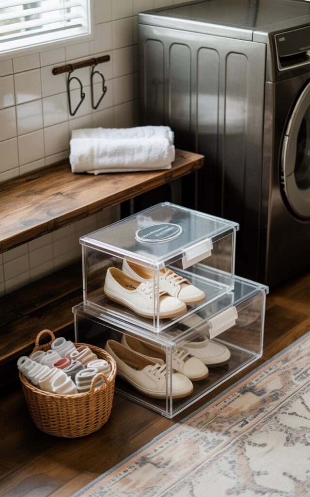 A photograph of a neatly organized laundry area, centered around three clear acrylic boxes holding stylish sneakers and flats. Each box rests on a wooden floor partially covered by a soft, patterned rug, while a small woven basket overflows with perfectly folded socks. Beside the boxes, a rustic wooden bench with metal hooks above holds a neatly rolled white towel, accompanied by a modern washer and dryer against tiled walls. Soft, natural light streams through a nearby window, casting subtle shadows across the room and highlighting the textures of the wood, tile, and fabric.