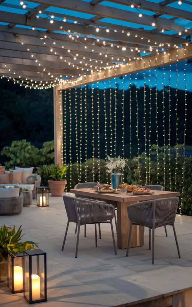 A photo of a California coastal chic-style patio at night. There is a wooden pergola with string lights flowing vertically down, creating a curtain-like effect. The dining area has a wooden dining table with 4 chic chairs, and there is food served. There is also cushioned lounge seating, potted plants, and subtle outdoor lanterns. The patio overlooks lush greenery, with soft shadows and reflections adding depth to the scene.