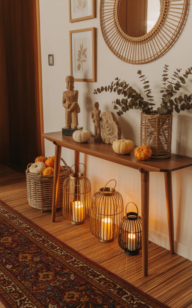 A photograph of an elegant entryway blending Balinese and mid-century modern design elements, decorated for autumn with sophisticated seasonal touches. A sleek walnut console table with tapered legs sits against the wall, adorned with three varying-sized lanterns in warm brass and weathered bronze finishes, each glowing softly with LED candles inside. The table is artfully styled with small orange and cream pumpkins, dried eucalyptus branches in a woven rattan basket, carved wooden sculptures, and natural stone accents that reflect Balinese craftsmanship. Above the console, a large circular rattan mirror with intricate weaving patterns anchors the wall alongside framed botanical prints in earth tones, while a rich Persian runner rug in deep burgundy and gold patterns stretches across warm bamboo flooring, completing this serene and sophisticated autumn entryway bathed in gentle amber lighting.