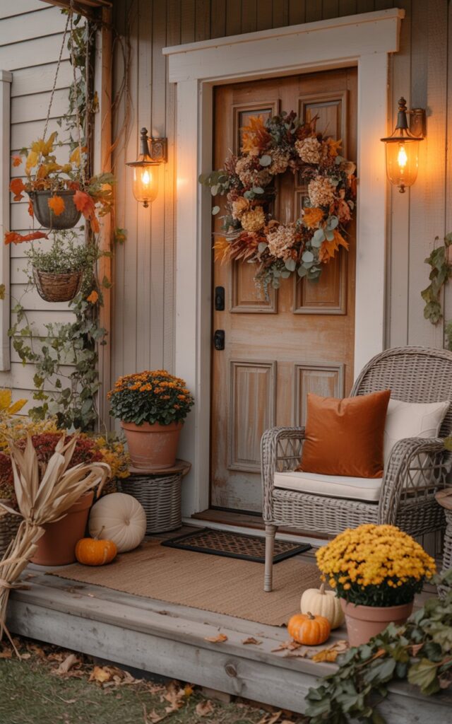 A photograph of a charming bohemian-cottagecore style house porch adorned with autumn decorations and bathed in warm, golden light. The weathered wooden front door features a lush fall wreath made of dried hydrangeas, orange maple leaves, and eucalyptus, while two matching amber glass wall sconces cast a honeyed glow on either side. Vintage wicker furniture with cream cushions and rust-colored throw pillows sits alongside potted mums in terracotta planters, with dried corn stalks and mini pumpkins scattered across the reclaimed wood porch floor. The scene is illuminated by the soft amber light from the sconces and the warm glow of early evening, creating deep shadows that emphasize the rustic textures of exposed brick, climbing ivy, and macrame plant hangers swaying gently in the autumn breeze.