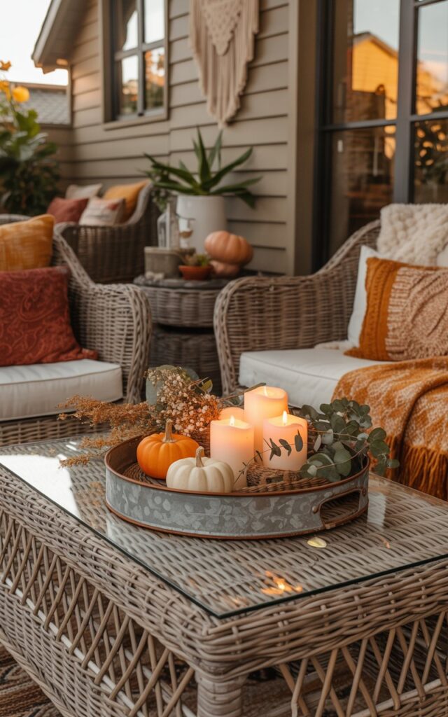 A photograph of a bohemian-style house porch decorated for autumn, featuring a rattan glass-top table as the focal point with layered wicker chairs adorned with textured throws in warm terracotta and cream tones. On the table, a weathered galvanized metal tray displays flickering pillar candles, miniature orange and white pumpkins, and sprigs of eucalyptus and dried wheat arranged in an organic composition. The seating area showcases an eclectic mix of patterned cushions in rich burgundy and mustard yellow, alongside macramé wall hangings and potted succulents. Soft golden hour lighting filters through the space, casting warm shadows that enhance the natural textures of wicker, wood, and metal while creating an inviting bohemian sanctuary perfect for fall evenings.