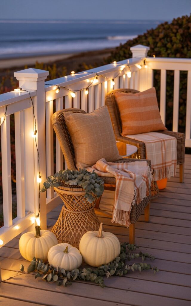 A nighttime photograph of a California coastal-style house porch adorned with warm fall decorations and softly glowing string lights. The white wooden railing is draped with delicate string lights that cast a golden glow across woven rattan chairs topped with sandy beige linen cushions and a light plaid throw in muted orange tones. Several white pumpkins are artfully arranged alongside dried eucalyptus sprays, creating subtle autumn accents that complement the relaxed coastal aesthetic. The warm light reflects beautifully off the weathered wood deck planks, while the gentle ocean breeze and distant sound of waves complete this serene California fall evening scene.