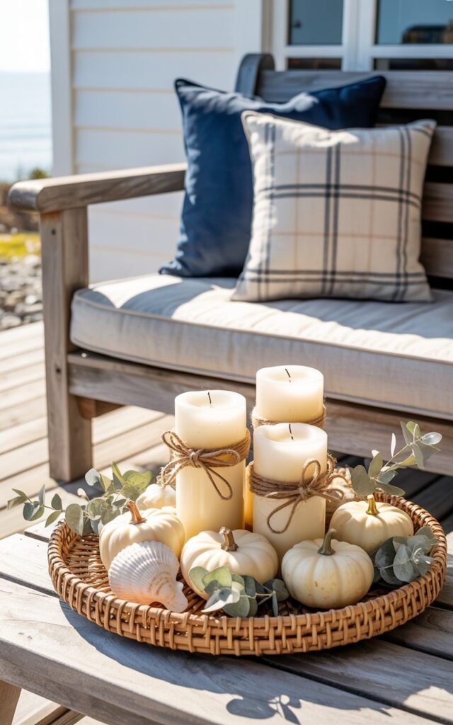 A close-up photograph of a weathered wooden side table on a California coastal-style porch, styled with elegant fall décor. Three cream-colored pillar candles wrapped with natural jute twine bows are arranged on a woven rattan tray, surrounded by mini ivory pumpkins, silvery dried eucalyptus sprigs, bleached white seashells, and muted sage-green foliage. A rustic wooden bench with navy and cream plaid cushions sits beside the table, while bright natural sunlight streams across the scene. The composition captures the serene fusion of beachy coastal elements with warm autumn touches, creating a relaxed and inviting seasonal atmosphere.
