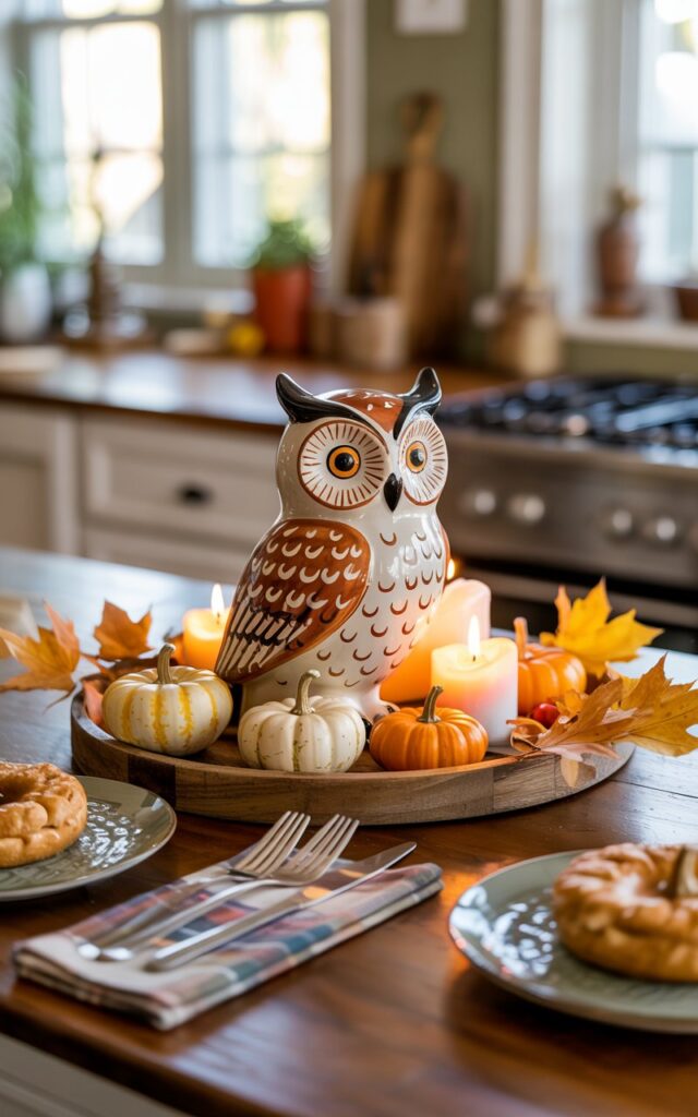 A close-up vignette photograph of a hand-painted ceramic owl figure sitting gracefully on a rustic wooden tray in a California coastal-style kitchen. The charming owl, with intricate painted details in warm earth tones, is surrounded by miniature orange and cream pumpkins, golden dried maple leaves, and flickering pillar candles that cast a cozy glow. The breakfast island around the tray features neatly arranged plaid cloth napkins, gleaming silverware, and ceramic plates with fresh pastries, all bathed in soft morning sunlight streaming through nearby windows. The scene captures the perfect blend of whimsical autumn charm and relaxed coastal elegance, with the owl as the delightful centerpiece of this inviting fall breakfast setting.