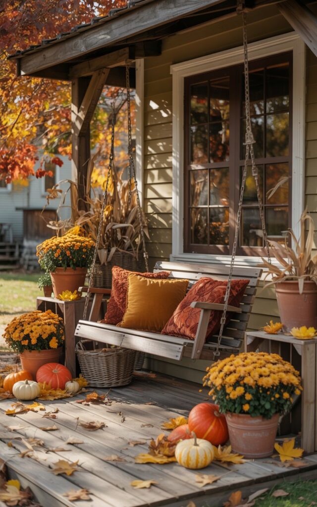A charming Cottagecore-style house porch featuring a rustic wooden swing adorned with plush autumn-toned pillows in burnt orange, mustard yellow, and deep burgundy patterns. The swing gently sways beneath a weathered wooden porch roof, surrounded by terracotta pots overflowing with golden chrysanthemums and clusters of small orange and cream pumpkins scattered along the wooden planked floor. Vintage wooden crates and wicker baskets filled with dried corn stalks and maple leaves create layered textures around the space. Dappled sunlight filters through the amber and crimson foliage overhead, casting warm golden shadows across the scene and illuminating the cozy, inviting atmosphere perfect for quiet autumn afternoons.