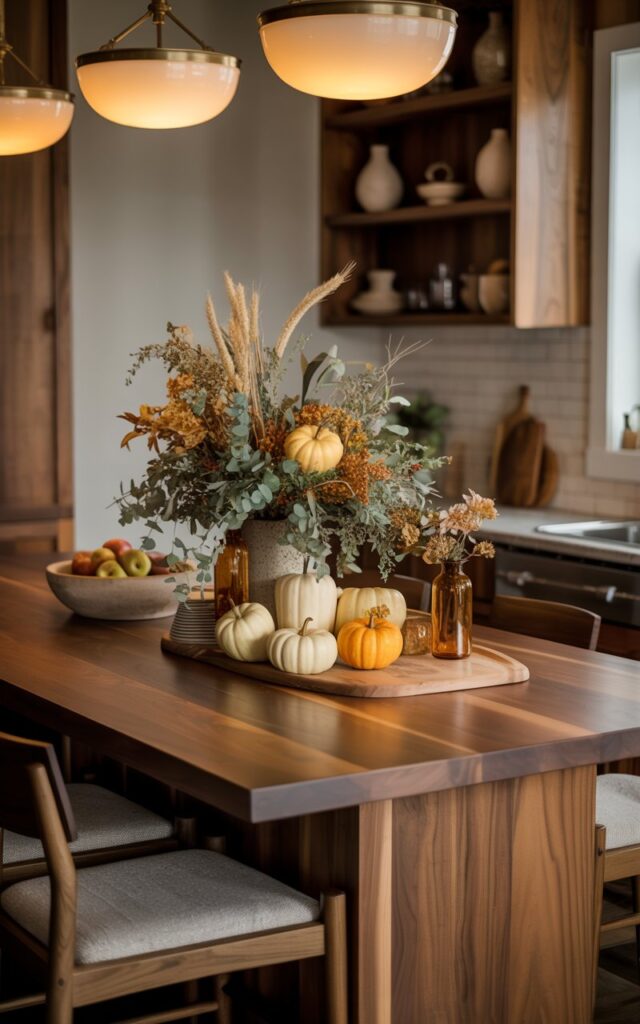 A beautifully styled Craftsman-chic dining area showcasing a substantial kitchen island as the centerpiece, crafted from rich walnut wood with clean, geometric lines. The island features an elegant fall centerpiece arrangement of cream and orange gourds, eucalyptus branches, and dried wheat stalks, alongside practical everyday items like a wooden cutting board, a ceramic fruit bowl filled with apples, and a small amber glass vase with muted florals. Warm brass pendant lights with frosted glass shades hang gracefully above, casting a soft golden glow across the scene and highlighting the natural wood grain. The island is surrounded by upholstered dining chairs in charcoal linen, while the background reveals subway tile backsplash and open shelving displaying artisanal pottery, creating an inviting autumn atmosphere that perfectly balances rustic warmth with modern sophistication.