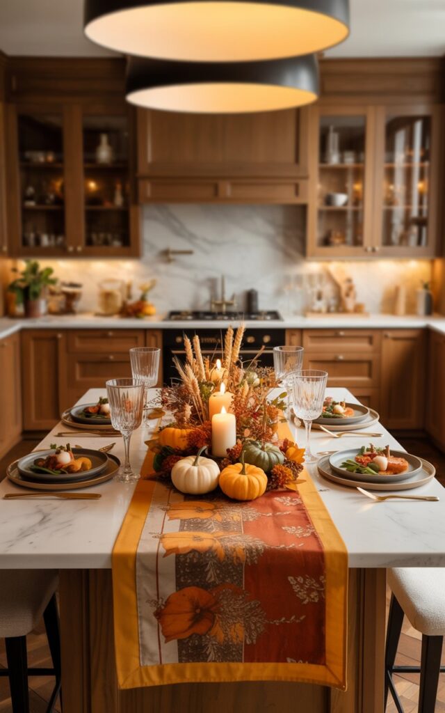 A photograph of an elegant European-style kitchen featuring a large furnished island as the centerpiece, bathed in warm pendant lighting from above. The island displays a beautiful fall-themed table runner in rich burnt orange and mustard yellow patterns, topped with a carefully arranged seasonal centerpiece of miniature pumpkins, flickering candles, and dried wheat stalks and florals. Surrounding the autumnal display are fine dining plates with artisanal food, crystal wine glasses, and polished silverware, all thoughtfully positioned alongside two upholstered bar stools. The softly blurred background reveals sleek European cabinetry in warm wood tones and luxurious marble countertops, creating an inviting atmosphere of sophisticated fall entertaining.