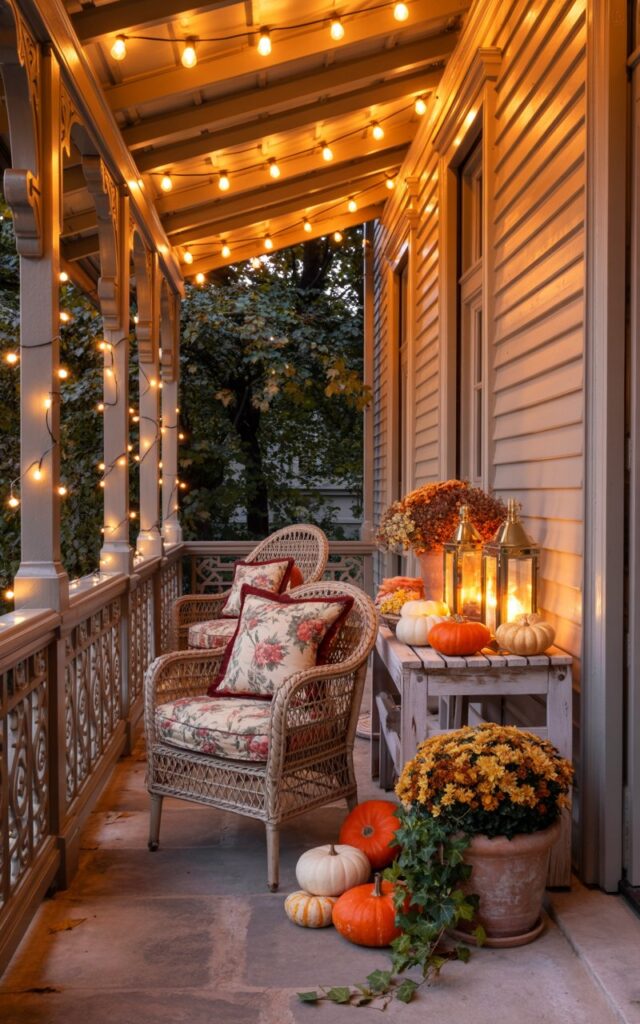 A photograph of an elegant French country-style house porch illuminated by warm string lights draped across the ceiling beams on a crisp autumn evening. The wooden railing features intricate carved details painted in soft cream, while a cozy seating area showcases vintage wicker furniture adorned with floral toile and burgundy plaid cushions. A weathered wooden side table displays an arrangement of orange and white pumpkins, glowing brass lanterns, and terracotta pots overflowing with rust-colored mums and trailing ivy. The twinkling lights cast dancing shadows across the stone floor, creating an intimate golden ambiance that highlights the rustic elegance and magical charm of this fall-decorated sanctuary.