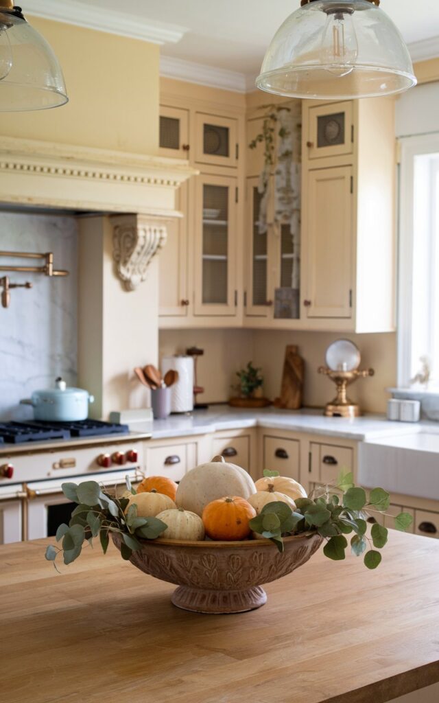 A photo of a French country-style kitchen with a charming kitchen island. The island is decorated with a decorative wooden dough bowl filled with 4-5 mini gourds and soft eucalyptus sprigs. The space includes cream-toned cabinetry, marble or butcher-block countertops, and vintage brass or copper fixtures. Above the island, elegant pendant lights with a slightly rustic touch cast a warm glow. The photo is a mid-shot close view of the dough bowl, placed in the center of the island.
