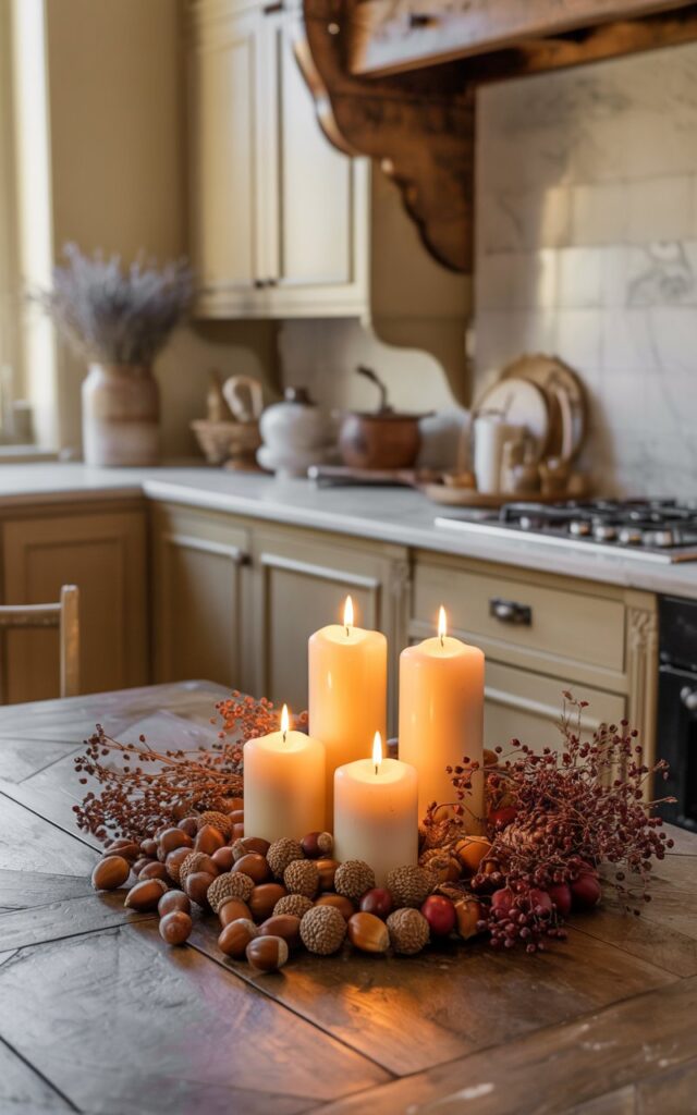 A close-up photograph of an elegant autumn vignette on a French country kitchen island, featuring 2-3 cream-colored pillar candles of varying heights surrounded by scattered acorns and deep burgundy faux berries. The warm candlelight flickers gently across the rich textures, casting dancing shadows on the weathered wood surface and highlighting the earthy tones of the seasonal arrangement. In the softly blurred background, the kitchen reveals cream-colored cabinetry with aged brass hardware, pristine marble countertops, and rustic exposed wooden beams overhead. A linen table runner, ceramic crockery, and a delicate vase filled with dried lavender complete the romantic French countryside atmosphere, bathed in golden afternoon light filtering through unseen windows.