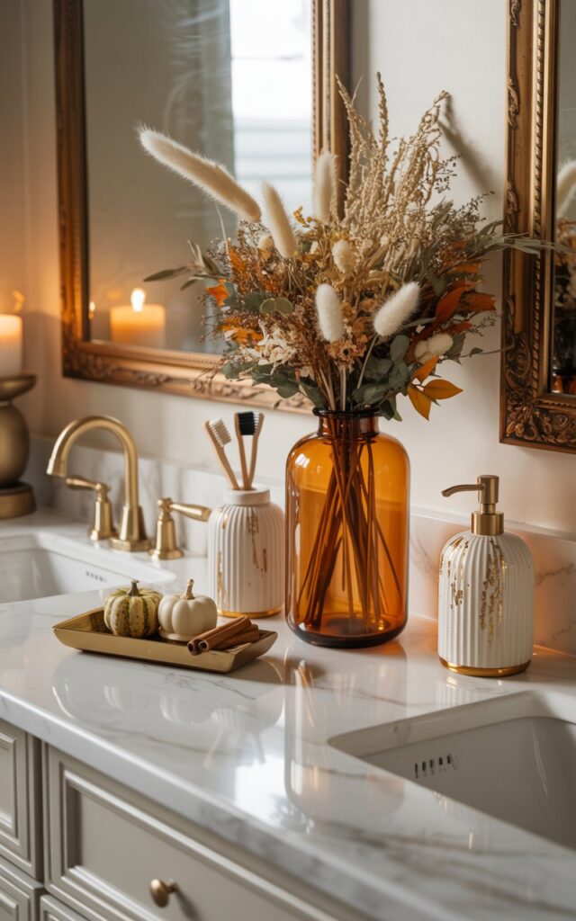 A luxurious bathroom counter blending Hollywood glamour with farmhouse charm, featuring a sleek marble or quartz countertop with warm undertones and brushed gold fixtures. An elegant amber glass vase filled with dried pampas grass, wheat stalks, and muted autumn florals serves as the centerpiece, flanked by coordinated accessories including a chic ceramic toothbrush holder, a matching soap dispenser with gold accents, and a small wooden tray holding miniature pumpkins and cinnamon sticks. The scene includes a portion of an ornate gold-framed mirror and a undermount sink with a sophisticated gold faucet, all illuminated by soft, warm lighting that casts gentle shadows. Subtle rustic elements like a small wooden accent piece and textured hand towels complement the polished marble surfaces, while delicate fall foliage and warm candlelight create an inviting, spa-like atmosphere.