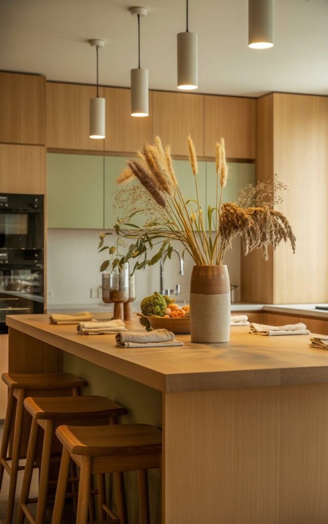 A photograph of a Japandi-style open kitchen featuring a sleek wooden island that perfectly blends minimalist Japanese tranquility with Scandinavian warmth. The island's clean-lined countertop showcases a tall ceramic vase filled with golden wheat stalks and feathery dried pampas grass, surrounded by thoughtfully arranged seasonal produce and neatly folded linen napkins. Modern wooden bar stools with natural grain patterns are tucked beneath the counter, while simple cylindrical pendant lights cast a warm honey-colored glow across the scene. The space is defined by light oak cabinetry with matte black hardware, soft sage green accents, and a palette of warm beiges and cream tones that create a serene, balanced atmosphere perfect for autumn entertaining.