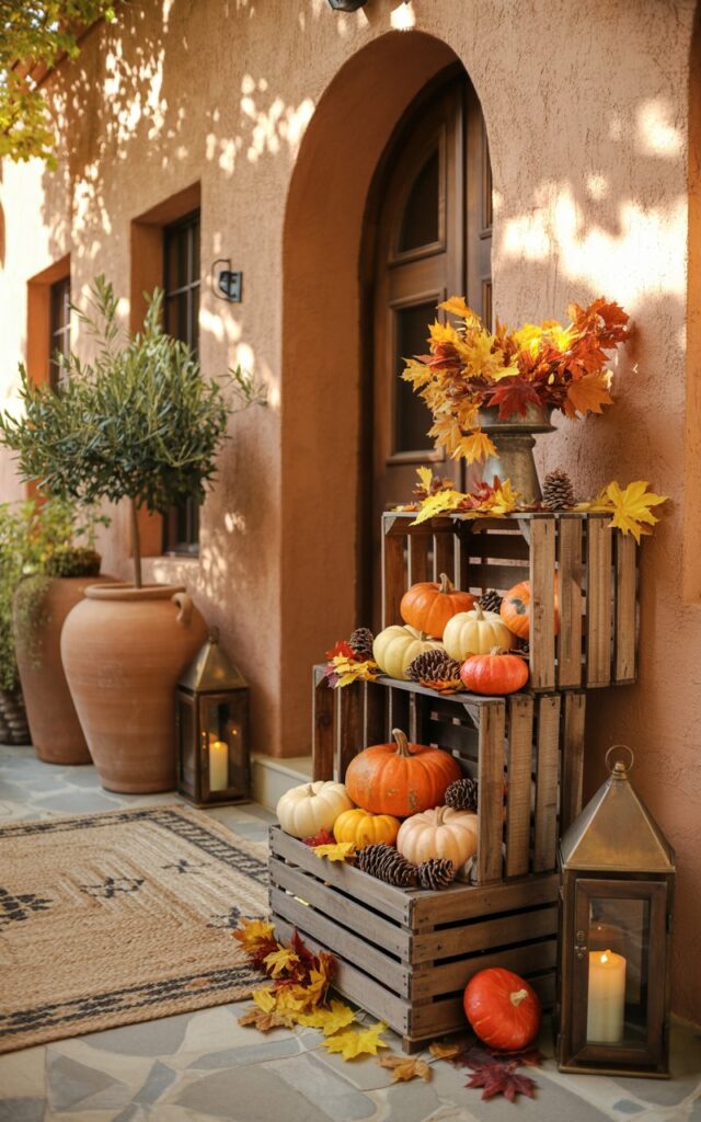 A photograph of a charming Mediterranean-style house porch adorned with rustic fall decorations, featuring weathered wooden crates stacked at varying angles beside an arched terracotta doorway. The crates overflow with miniature orange and cream pumpkins, scattered pinecones, and vibrant maple leaves in shades of amber, crimson, and golden yellow. Elegant olive-filled terra cotta pots flank the entrance alongside wrought-iron lanterns with flickering candles, while a woven jute rug with earth-tone patterns anchors the scene. Warm afternoon sunlight filters through overhead foliage, casting dappled golden highlights across the textured stucco walls and creating inviting shadows that enhance the cozy autumn atmosphere.