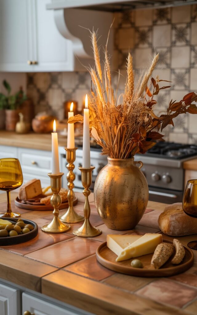 A close vignette photograph of a Mediterranean-style kitchen island showcasing warm terracotta and natural stone textures. At the center, 2-3 gleaming brass candlesticks are artfully grouped beside a rustic ceramic vase filled with dried wheat stalks, pampas grass, and autumn branches, creating an elegant fall centerpiece. Platters of artisanal cheeses, olives, and crusty bread are arranged around the centerpiece alongside amber wine glasses catching the flickering candlelight. The soft glow from the candles reflects off the brass surfaces and illuminates the unique hand-painted tile backsplash, while the warm golden light creates intimate shadows that embody sun-warmed Mediterranean charm with sophisticated autumn elegance.