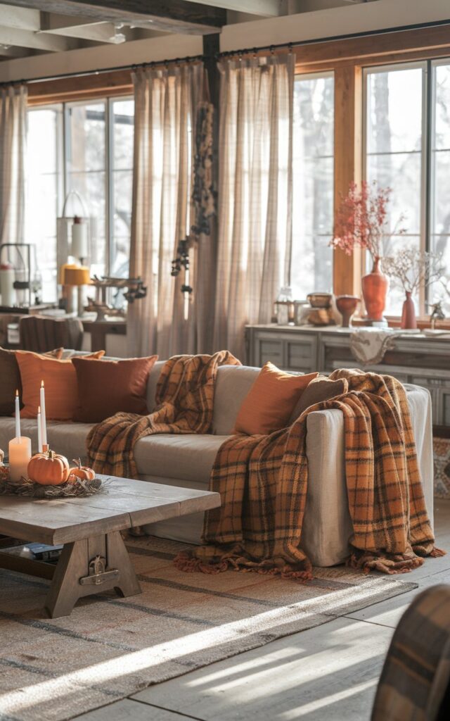 A photo of a modern rustic living room with a cozy vibe. The room has a neutral-toned sofa draped with warm plaid throws in shades of burnt orange, mustard, and deep brown. There's a wooden coffee table with a small pumpkin and candle arrangement. Soft natural light streams through curtained windows, highlighting wooden beams, textured rugs, and vintage accents. The room feels inviting, warm, and perfect for autumn.