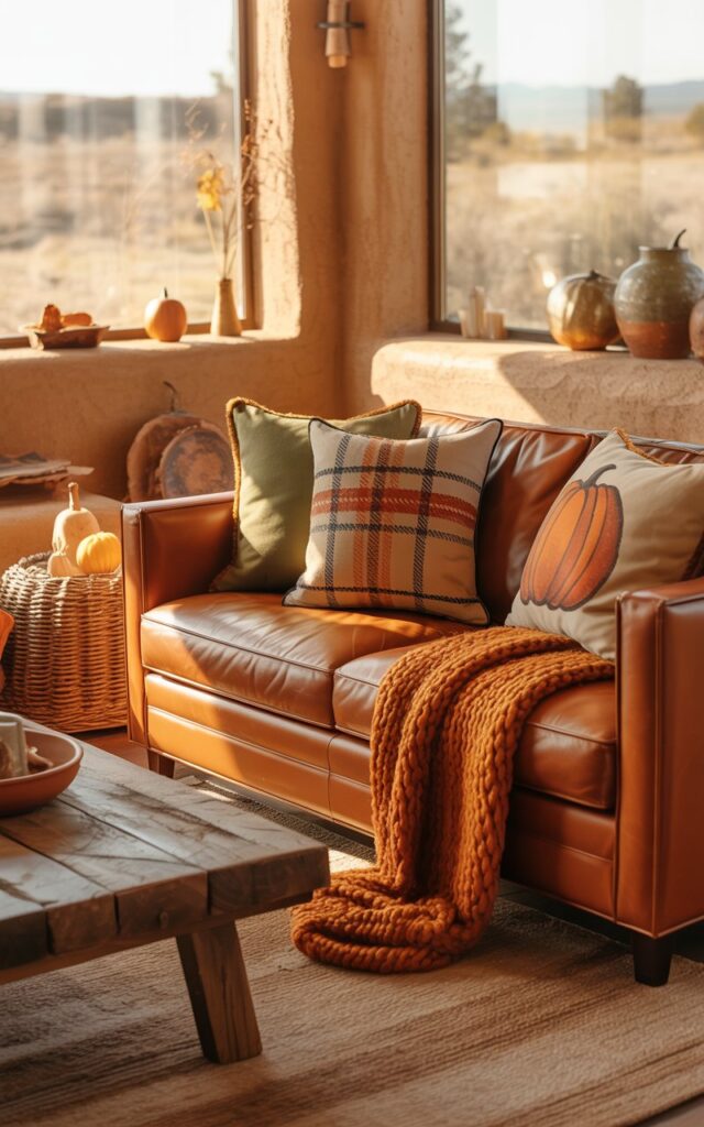 A photograph of a Southwestern-style living room decorated in warm terracotta, sage green, and cream tones with rustic adobe walls. A plush leather sofa in rich cognac brown is adorned with three throw pillows featuring autumn plaid patterns and pumpkin motifs, alongside a chunky knit throw blanket in burnt orange casually draped over the armrest. The space showcases natural materials including a weathered reclaimed wood coffee table, woven jute rugs, and handcrafted pottery in earthy glazes. Golden afternoon sunlight streams through large windows, casting warm shadows across the textured surfaces and illuminating subtle fall accents like dried corn stalks and small gourds scattered throughout the cozy desert-inspired interior.