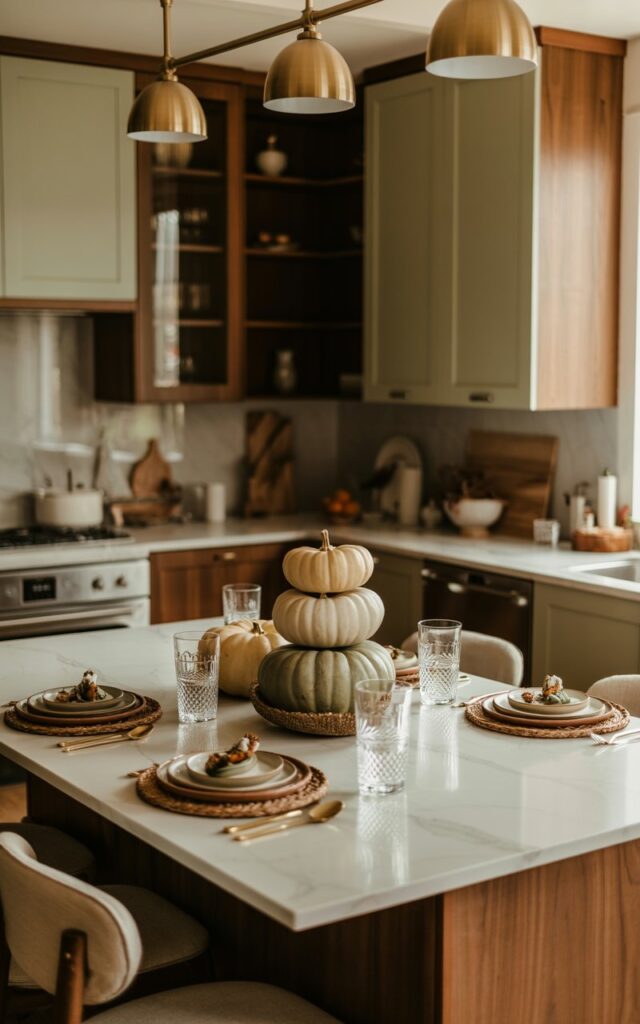 A photograph of a U-shaped modern farmhouse kitchen featuring a large central island that serves as both dining table and elegant display space. The island showcases a carefully arranged tablescape with 3-4 stacked pumpkins in creamy white and muted sage green as the centerpiece, surrounded by ceramic dinnerware, polished silverware, crystal glasses, and artfully plated seasonal dishes. The kitchen boasts warm walnut wood accents, matte cabinetry in soft sage and warm beige tones, with brass pendant lights suspended overhead casting a golden glow across the marble countertops. The atmosphere exudes cozy sophistication with natural light filtering through nearby windows, creating soft shadows that enhance the serene, inviting ambiance of an intimate fall gathering.