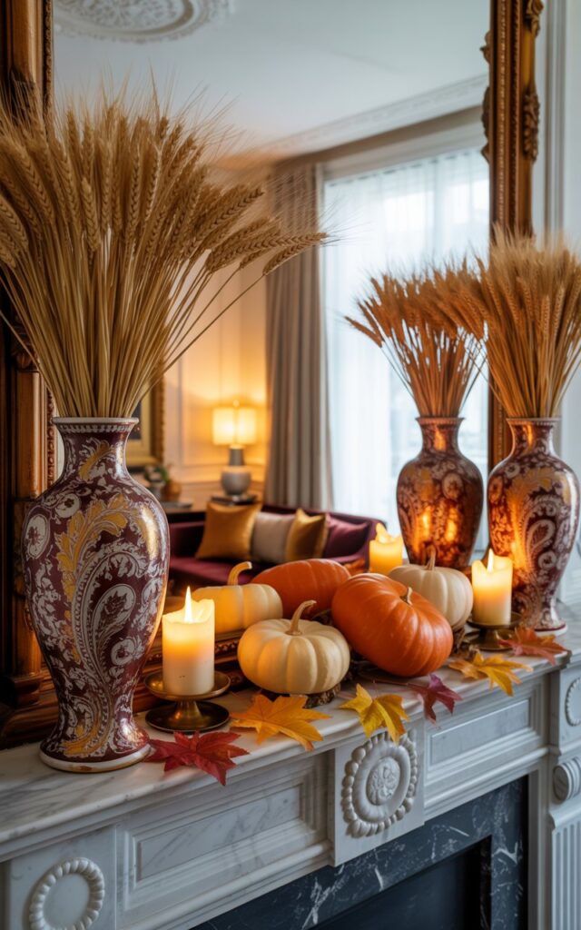 A mid-shot photograph of an elegant Victorian-style living room mantelpiece decorated for autumn with perfect symmetrical balance. Tall ornate ceramic vases with intricate paisley patterns in deep burgundy and gold sit at each end of the white marble mantel, filled with golden wheat bundles that fan gracefully upward. Between the vases, small orange and cream pumpkins are artfully arranged alongside flickering pillar candles in brass holders and scattered maple leaves in rich amber and crimson hues. The room showcases classic Victorian crown molding and carved woodwork paired with contemporary velvet furniture in jewel tones, all bathed in warm golden light from both the candles and soft overhead illumination.
