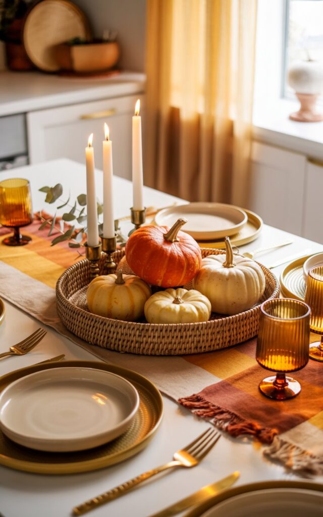 A close-up photograph of a kitchen island styled in boho-meets-glam aesthetic, with warm sunlight streaming through sheer curtains and illuminating the carefully curated autumn display. The centerpiece features a textured rattan tray holding three natural orange and cream pumpkins of varying sizes, flickering ivory votive candles in brass holders, and delicate eucalyptus sprigs, all arranged on a soft ochre and rust-colored table runner with subtle fringe details. Surrounding the tray are elegant ceramic plates in warm beige tones, gold-finished flatware with hammered textures, and amber-tinted glassware that catches the golden light. The scene captures rich textures of woven materials, smooth ceramics, and gleaming metallics, creating a luxurious yet relaxed autumn tablescape bathed in soft, natural lighting.