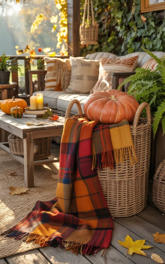 A photograph of a bohemian-style covered porch decorated for autumn, showcasing a large woven rattan basket overflowing with plaid throws in burnt orange, deep crimson, and mustard yellow. The basket sits beside a weathered wooden coffee table adorned with miniature pumpkins, flickering pillar candles, and scattered dried maple leaves. Eclectic seating features floor cushions with geometric patterns, hanging macramé plant holders, and a soft jute area rug creating inviting layers of texture. Golden morning sunlight filters through surrounding ivy and ferns, casting dappled light across the woven textures and cozy throws, while creating an atmosphere perfect for curling up with a warm blanket on a crisp fall day.