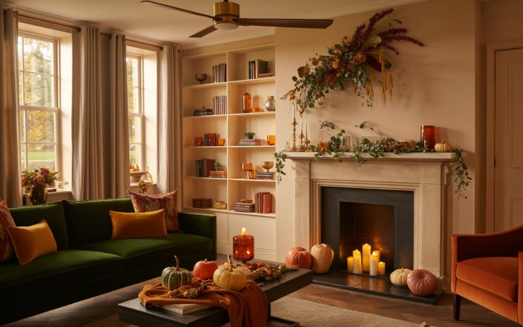 A glamorous English countryside living room decorated for autumn, featuring a luxurious velvet sofa in deep emerald or rich burgundy adorned with golden and rust-colored throw pillows. The space showcases a sleek modern TV unit with brass accents, flanked by a classic stone fireplace mantel decorated with miniature pumpkins, flickering pillar candles, and cascading dried eucalyptus and wheat stalks. A sophisticated ceiling fan with dark wood blades hangs above, while sheer linen curtains frame tall windows that bathe the room in warm, golden afternoon light. The bookshelf displays leather-bound volumes interspersed with small copper vessels, amber glass ornaments, and trailing autumn foliage, all tied together with warm terracotta, cream, and metallic gold accents that create an inviting yet refined seasonal retreat.