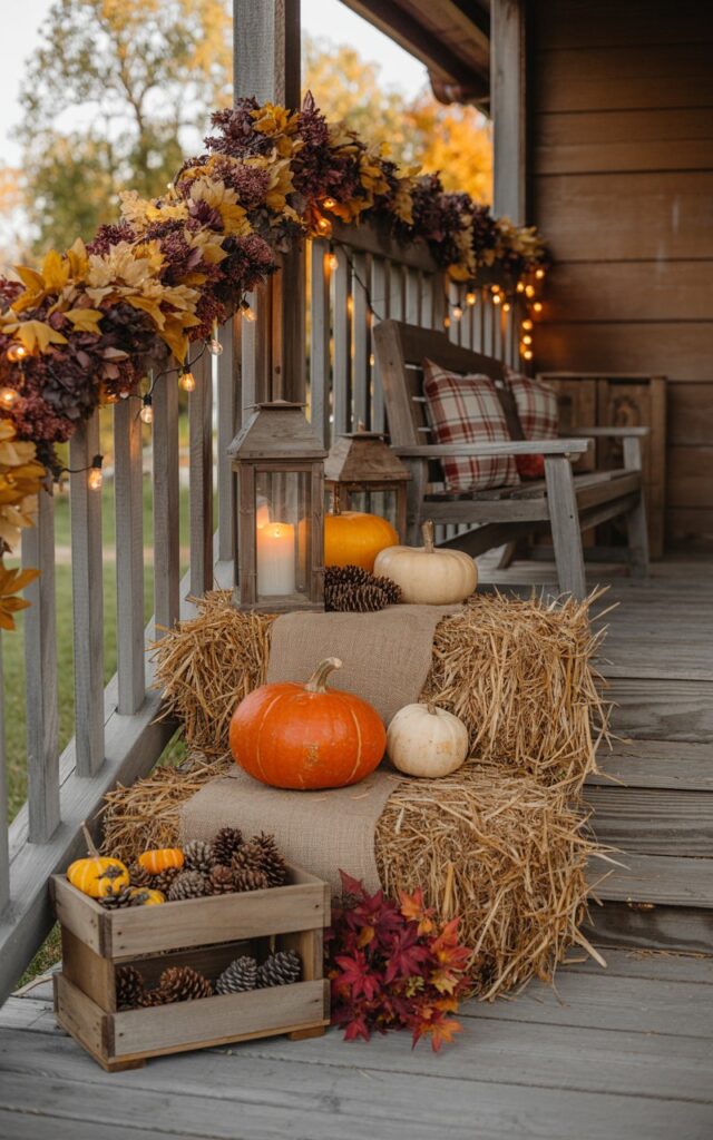 A photograph of a charming farmhouse porch viewed straight-on, showcasing golden hay bales stacked as rustic display stands topped with vibrant orange pumpkins, cream-colored gourds, and weathered lanterns with flickering candles. The wooden porch railing is wrapped with lush autumn garland featuring burgundy and amber leaves, intertwined with warm white string lights that cast a cozy glow. A wooden bench with plaid cushions sits alongside a simple shoe rack, while small wooden crates filled with pinecones and crimson fall leaves are scattered throughout the scene. The late afternoon sunlight filters through the scene, creating long shadows and highlighting the rich textures of burlap, aged wood, and the natural autumn elements.