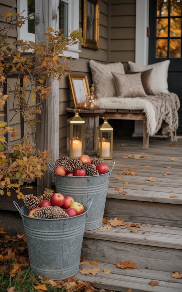 A photograph of a charming farmhouse-style porch decorated with elegant fall harvest elements and subtle glamorous touches. Two galvanized metal buckets filled with crisp red apples and weathered pinecones are artfully placed beside the wooden steps and near a cozy seating area with plush cream and taupe pillows, soft knit throws, and rustic wooden furniture. Warm lanterns with flickering candles cast a golden glow across the scene, while gold-trimmed picture frames and a small ornate mirror with metallic accents add sophisticated sparkle to the rustic setting. Gentle autumn foliage in amber and rust tones frames the porch, with fallen leaves scattered across the weathered wooden planks, creating an inviting seasonal atmosphere bathed in soft, warm afternoon light.