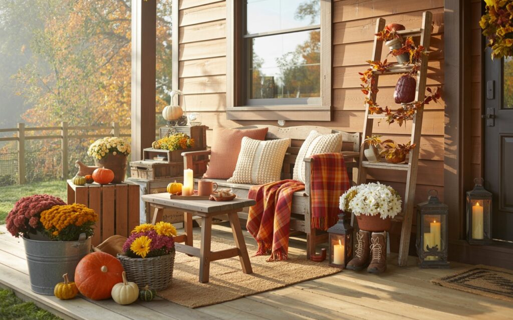 A photograph of a spacious, warmly decorated fall porch on a modern rustic farmhouse home, bathed in soft golden morning sunlight that highlights the natural wood textures and cozy autumn details. The seating area features a weathered wooden bench adorned with red and orange plaid throw blankets, textured cream pillows, and a woven jute rug beneath, while a small farmhouse-style side table holds a steaming ceramic mug, flickering candle, and miniature orange pumpkin. Rustic wooden crates, galvanized metal buckets, and wicker baskets overflow with vibrant fall blooms including burgundy mums, golden marigolds, and white daisies, interspersed with pumpkins of various sizes from tiny gourds to large orange specimens. The porch railing is elegantly wrapped in subtle leafy garlands of amber and rust-colored foliage, with vintage lanterns containing cream pillar candles positioned beside the steps, and charming accents like an old wooden ladder draped with fall garlands and decorative boots repurposed as planters filled with seasonal flowers.