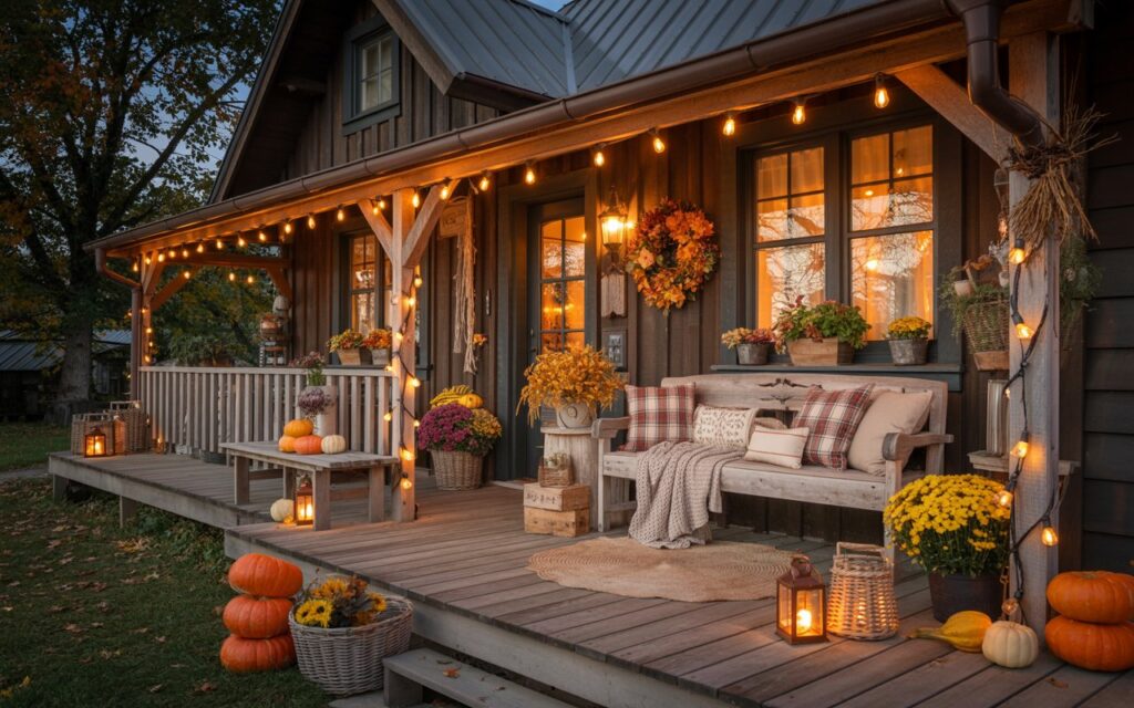 A wide-angle photograph of a charming farmhouse with alpine chic styling, showcasing the fully decorated front porch during a cozy autumn evening. The spacious wooden porch features rustic railings adorned with cascading string lights, a comfortable seating area with plaid cushions and chunky knit throws draped over a weathered wooden bench, and carefully arranged seasonal décor including stacked orange pumpkins, vibrant potted mums, small gourds, and glowing lanterns. A beautiful fall wreath hangs on the front door while a woven rug welcomes visitors at the entrance, and warm amber light from the lanterns and twinkling string lights creates a golden glow that illuminates the natural textures of wood, wicker, and autumn foliage. The scene captures the entire house facade, emphasizing the inviting porch as the focal point against the dark night sky, creating an atmosphere of rustic elegance and seasonal warmth.