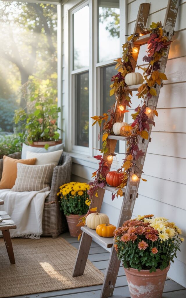 A photograph of a coastal-chic style house porch decorated for fall, bathed in soft morning sunlight filtering through surrounding greenery. A weathered vintage wooden ladder leans gracefully against white shiplap siding, each rung beautifully adorned with autumn garlands of amber, crimson, and golden leaves, miniature cream and orange pumpkins, and delicate warm white twinkle lights that catch the morning glow. The porch features relaxed seating with natural linen cushions in soft whites and beiges, complemented by a textured jute rug and terracotta pots filled with chrysanthemums in muted sunset orange and butter yellow tones. The gentle golden light creates dappled shadows across the scene, highlighting the harmonious blend of rustic autumn textures and refined coastal elements for an inviting, effortlessly elegant fall atmosphere.