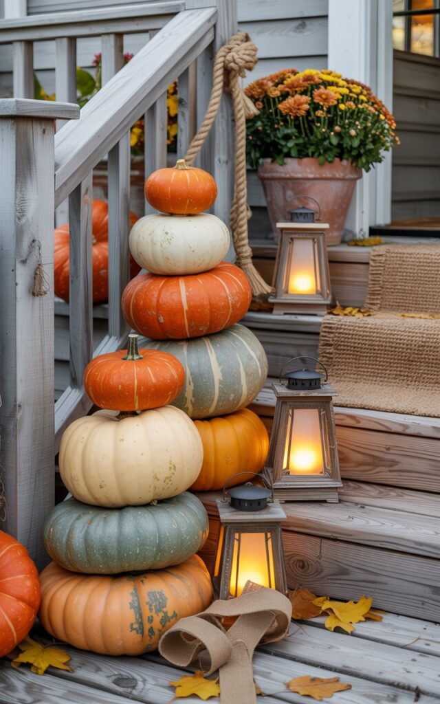 A photograph of a charming coastal-rustic porch featuring a tower of stacked pumpkins in various sizes, from deep orange and cream to sage green and speckled varieties. The pumpkins are artfully arranged in a casual pyramid beside weathered wooden steps, complemented by glowing hurricane lanterns, a woven jute doormat, and terracotta pots filled with autumn mums. Driftwood accents, rope details, and whitewashed wooden railings blend seamlessly with burlap ribbons and scattered oak leaves, all bathed in the warm golden light of late afternoon. The scene exudes a welcoming fall atmosphere where coastal charm meets rustic farmhouse style.